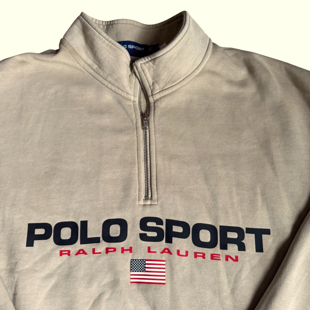 Polo Sport Ralph Lauren 1/4 Zip Pullover 3XLT Tall Beige USA Flag Vintage